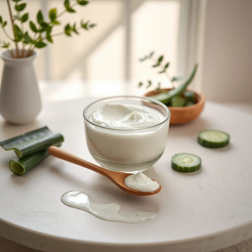 Creamy nourishing face mask in a glass bowl with a wooden spatula and fresh cucumber and aloe accents