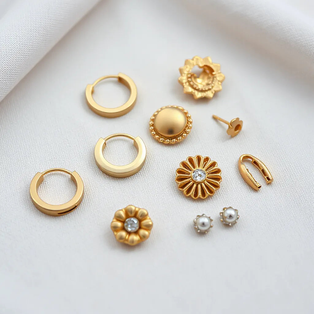 Assorted European and American ear clip earrings in gold and silver tones arranged on a neutral fabric background.