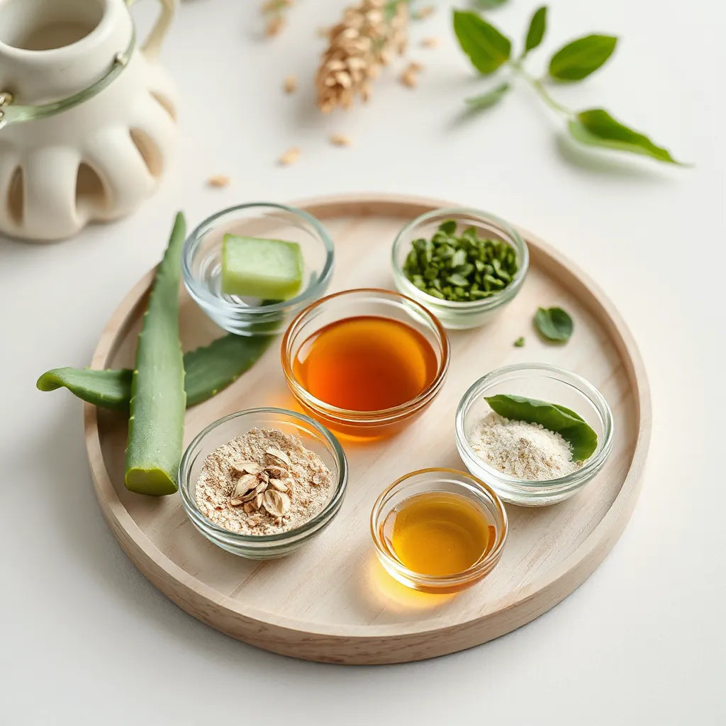 Natural skincare ingredients like aloe, honey, oats, and botanical extracts in small glass bowls