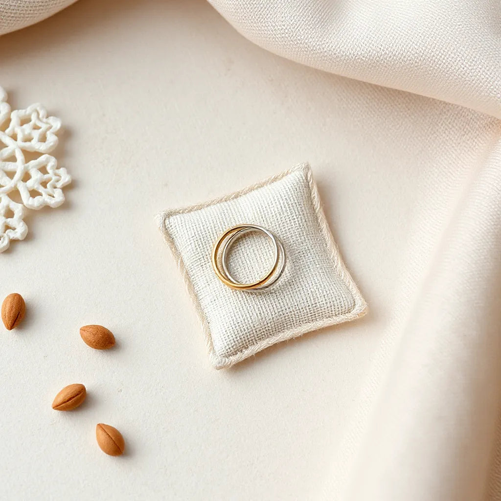 Elegant rings for women resting on a neutral fabric background in natural light