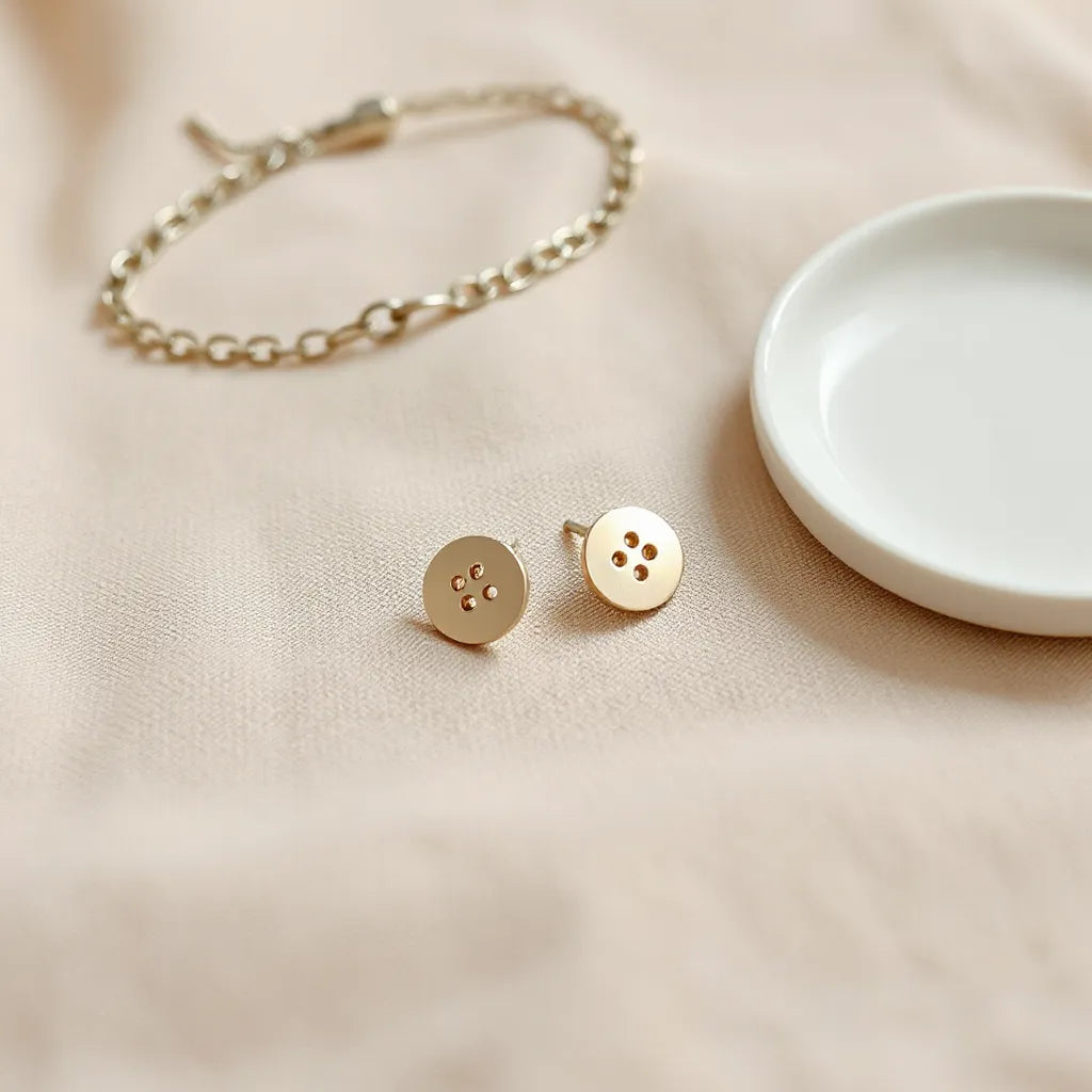 Pair of simple button earrings resting on neutral fabric with soft daylight and minimal accessories