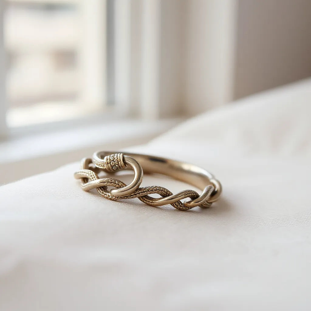 Woven chain ring with an interlaced texture resting on light neutral fabric in soft natural light