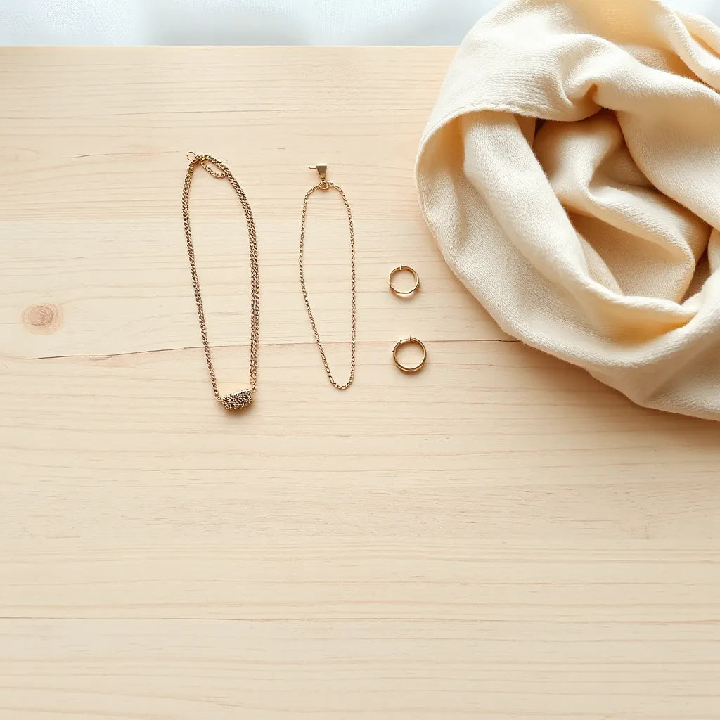Delicate necklaces, hoop earrings, and a bracelet arranged on a neutral tabletop with soft natural light
