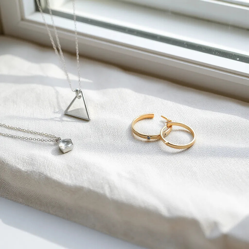 Modern pendant necklace, hoop earrings, bracelet, and ring arranged on light fabric under soft studio light