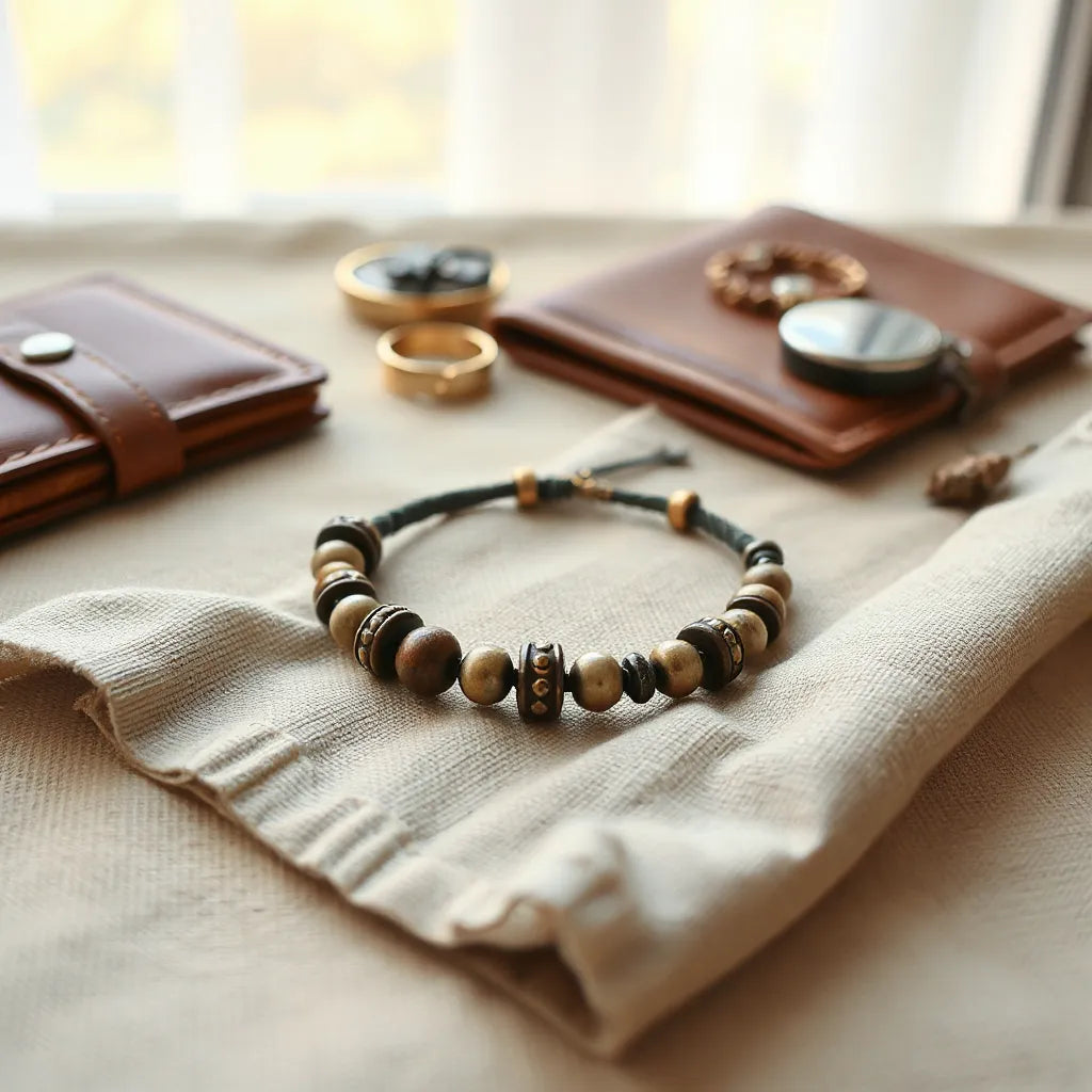 Worn retro bracelet with visible patina resting on neutral fabric with warm, vintage-inspired accessories nearby