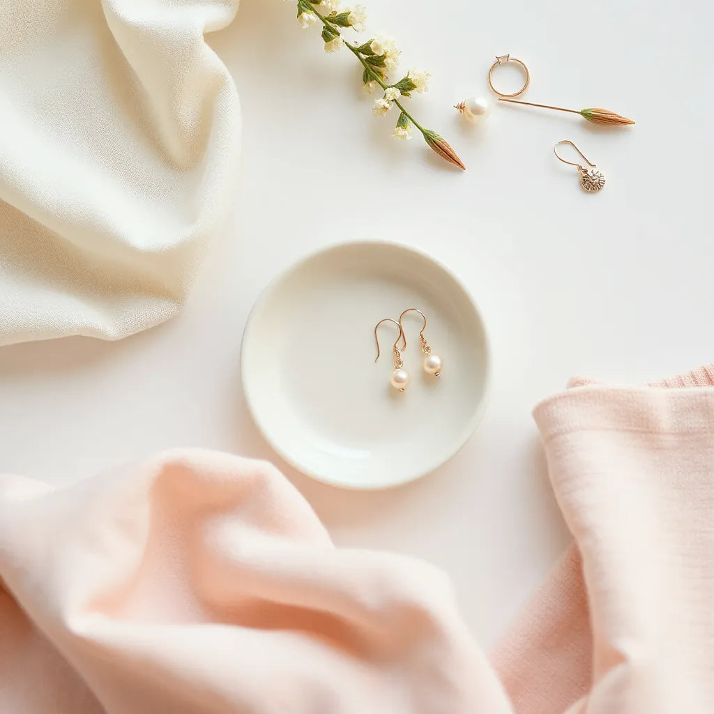Delicate pearl studs, minimalist hoops, and charm drops arranged on a light fabric and ceramic dish.