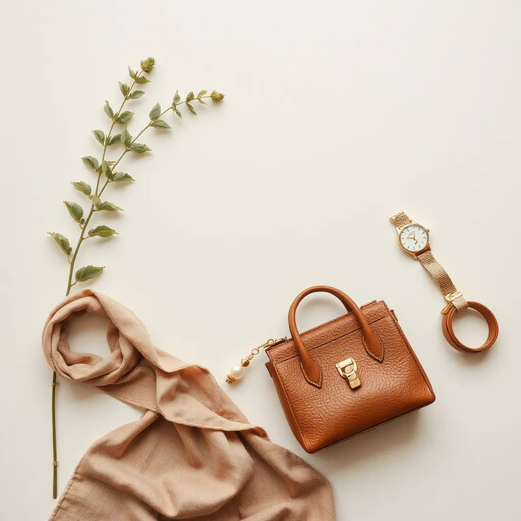 Women’s accessories laid out together: handbag, earrings, bracelet, scarf, watch, and belt on a neutral background