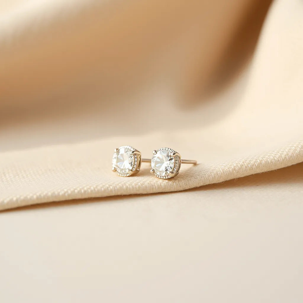 Sparkling zirconia earrings resting on neutral fabric in soft daylight, showcasing the stones and setting details.