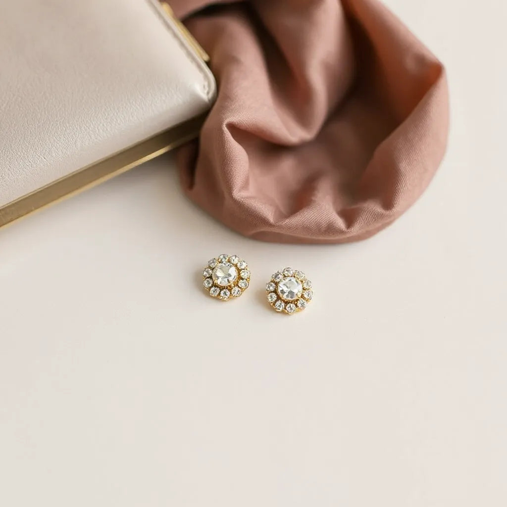 Elegant luxury ear clips with subtle shimmer on a neutral background beside a silk accessory