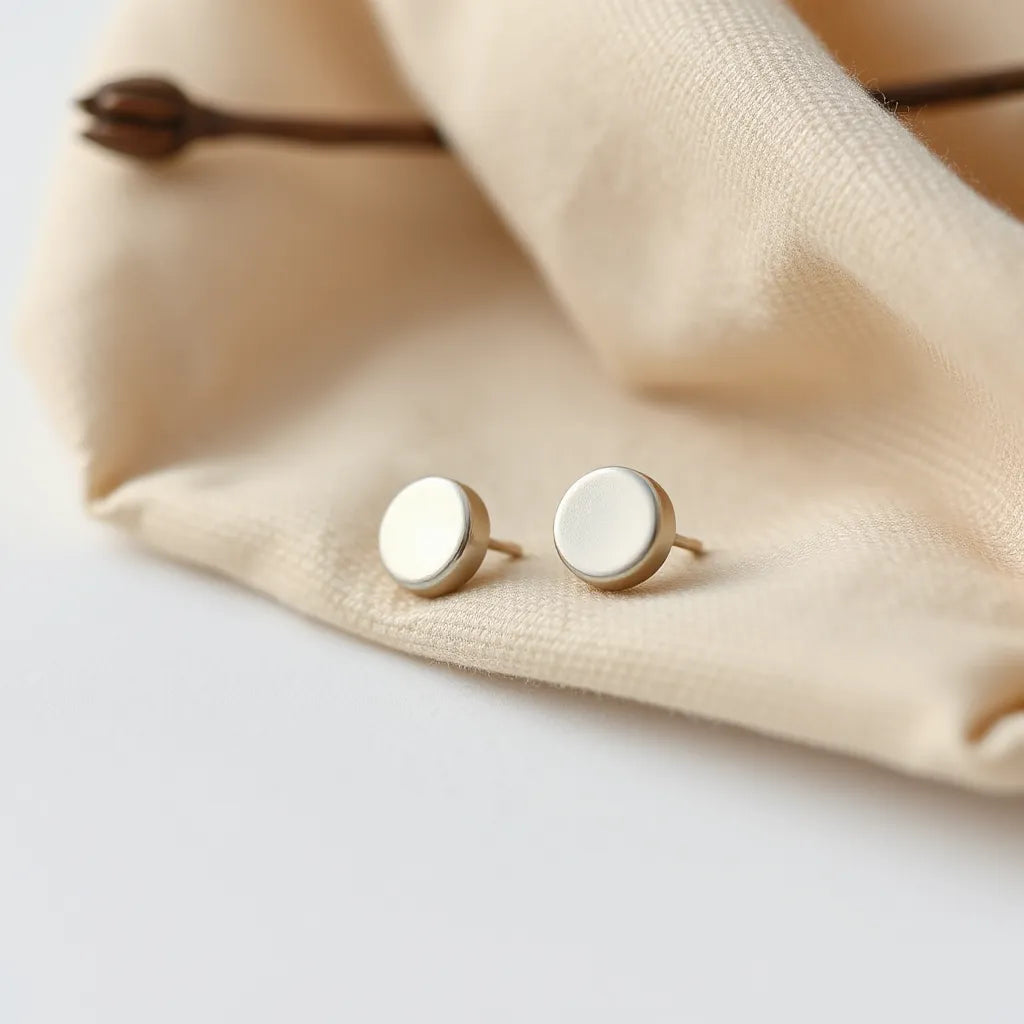 Small round button stud earrings on a neutral fabric background with soft natural light