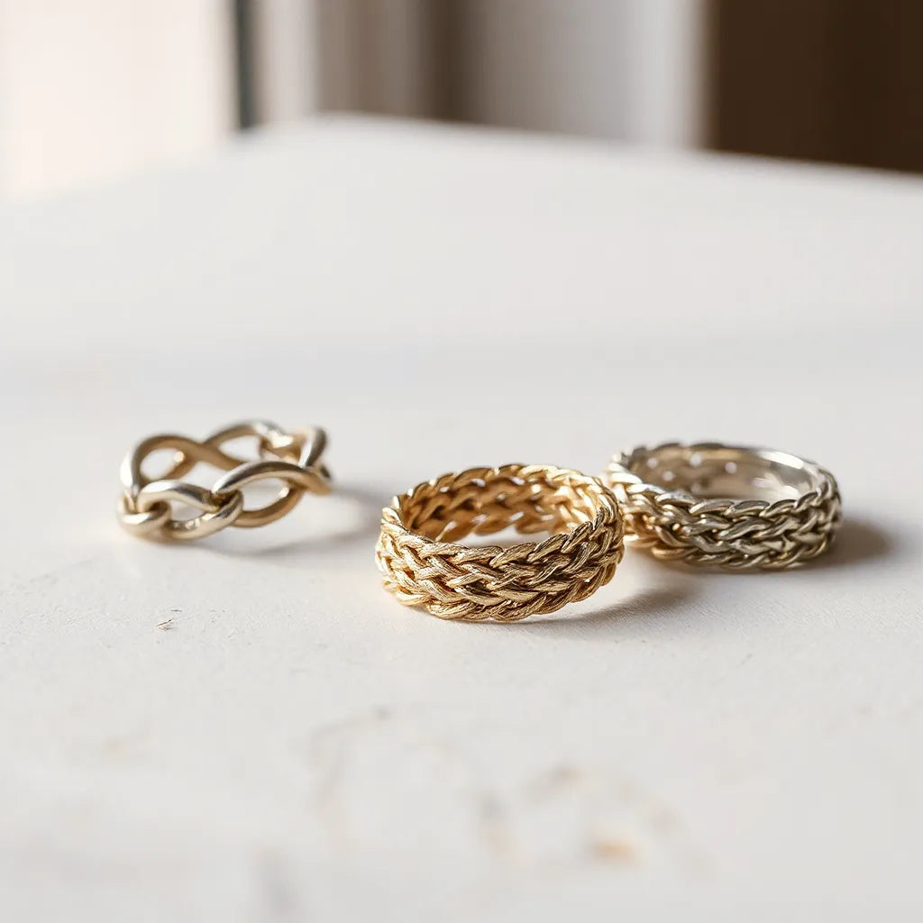 Interwoven chain rings arranged neatly on a neutral surface under soft natural light