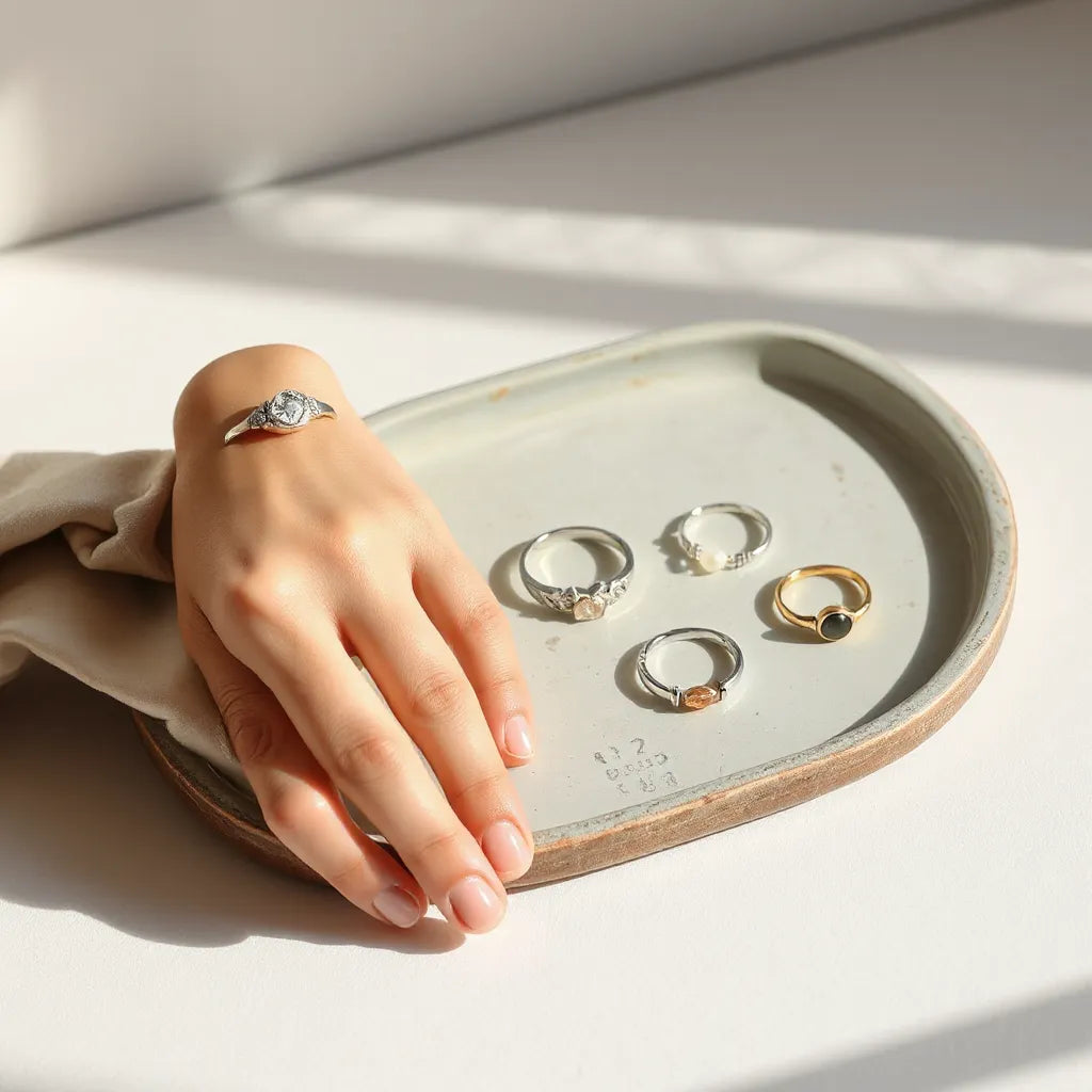 Delicate rings styled on a minimal tray with one ring held in soft natural light