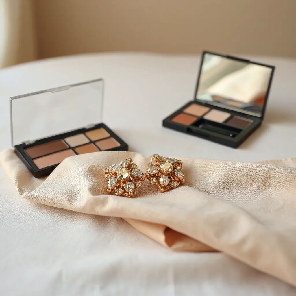Elegant luxury ear clips displayed on neutral fabric with soft studio lighting