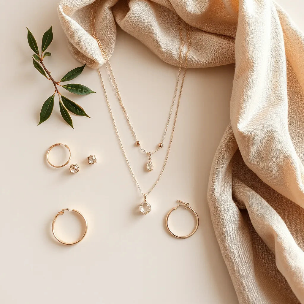 Layered necklaces, stud and hoop earrings, bracelet, and ring arranged on a neutral background