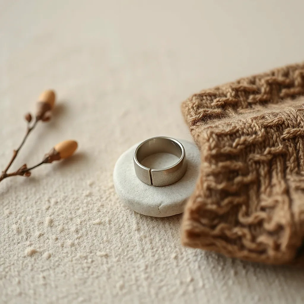 Open plain ring resting on neutral wool fabric with a soft knit background.