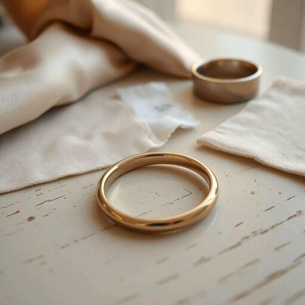 Shiny curved ring with flowing shape on a neutral surface under warm studio light
