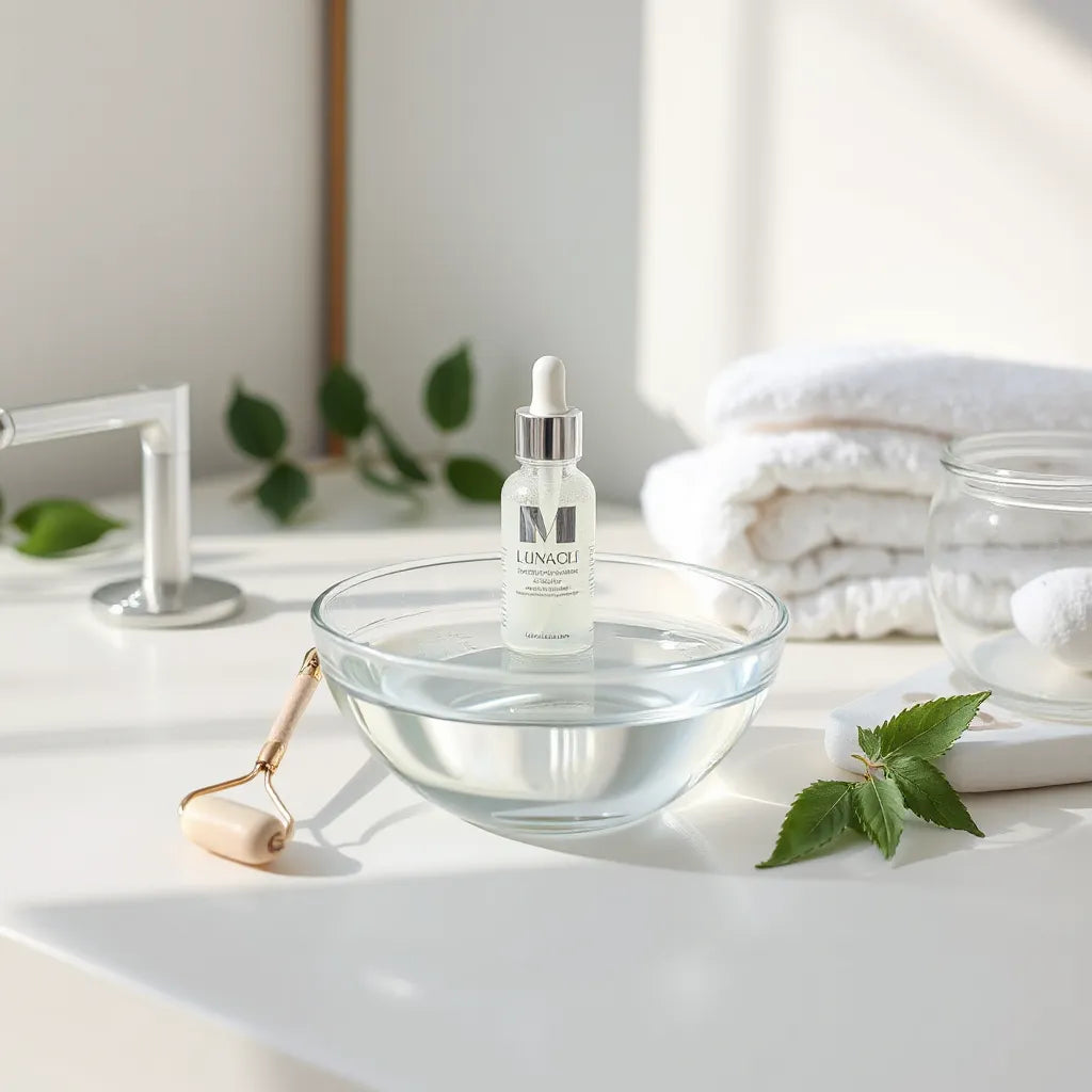Skincare tools and clear serum on a sunlit vanity with clean water and soft green leaves in the background