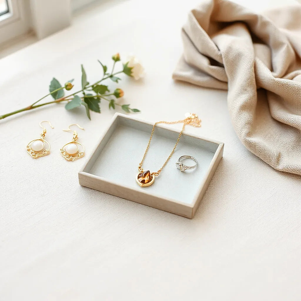 Gold-tone necklace, ring, and earrings arranged on a neutral tray with soft natural light