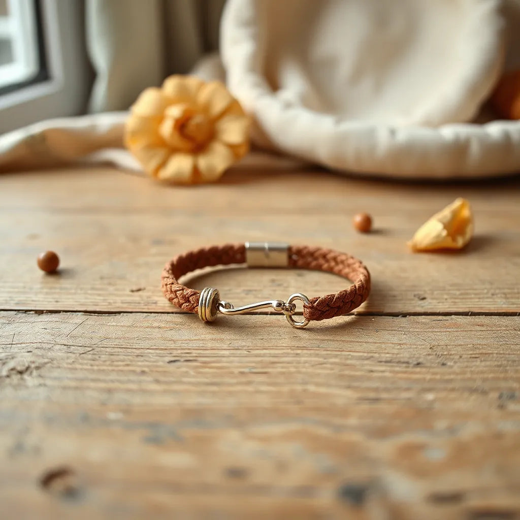 Retro style bracelet with visible clasp and colorful beads on a vintage wood surface