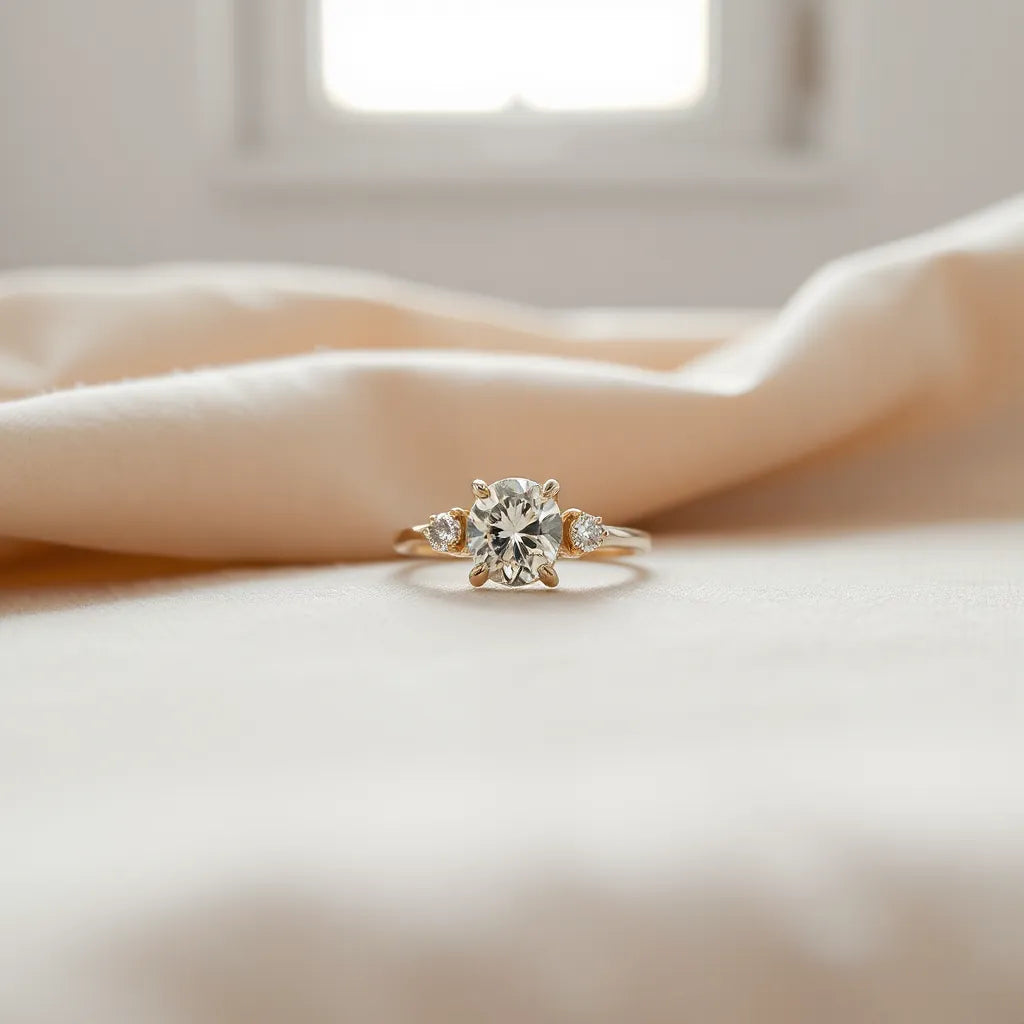 Diamond transfer ring with bright stones on a neutral fabric background under soft natural light