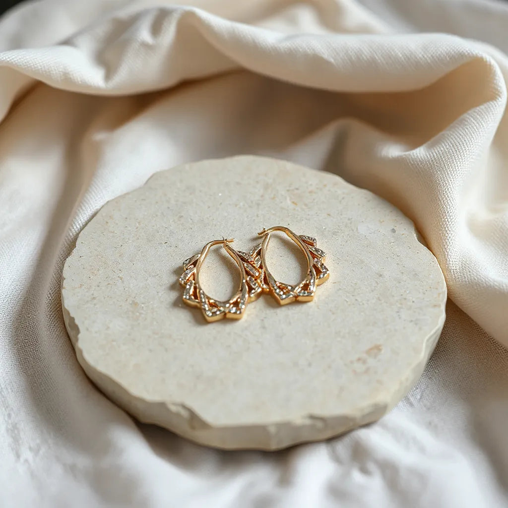 Pair of sculptural unique earrings on a neutral stone surface with soft natural light