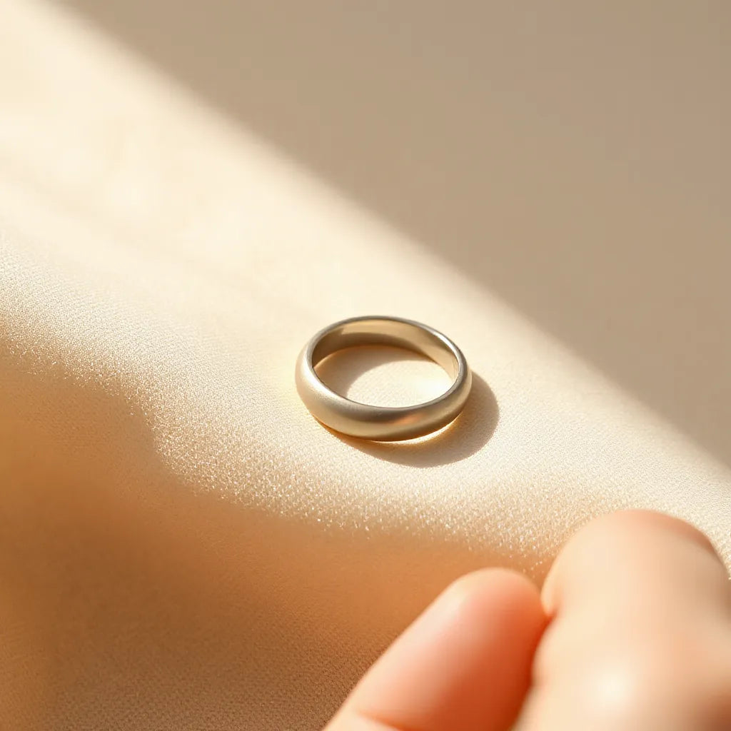 Open smooth ring with a sleek band on neutral fabric, softly lit for clear detail and everyday styling context.