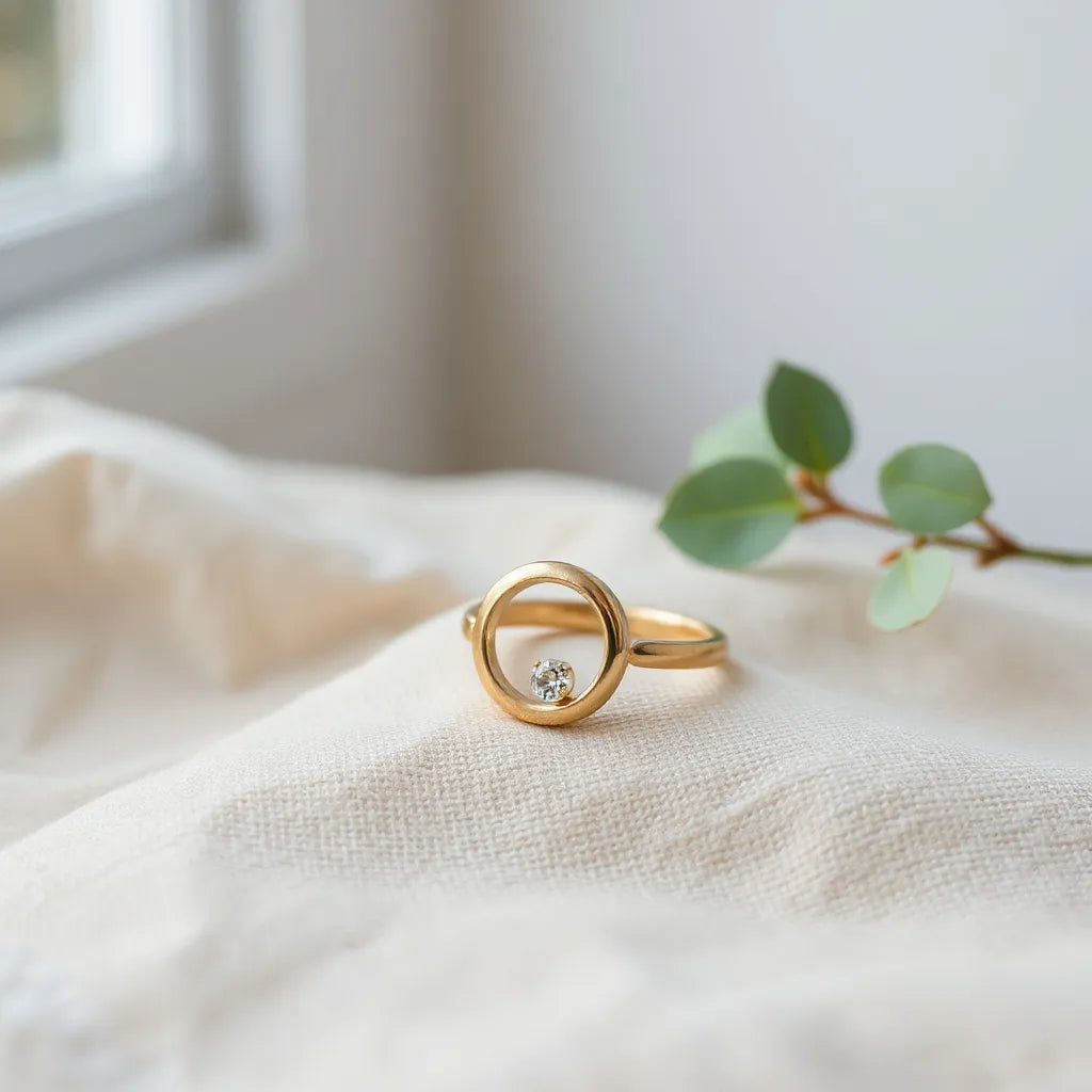 Open bezel ring with a small gemstone setting shown on neutral fabric under soft natural light