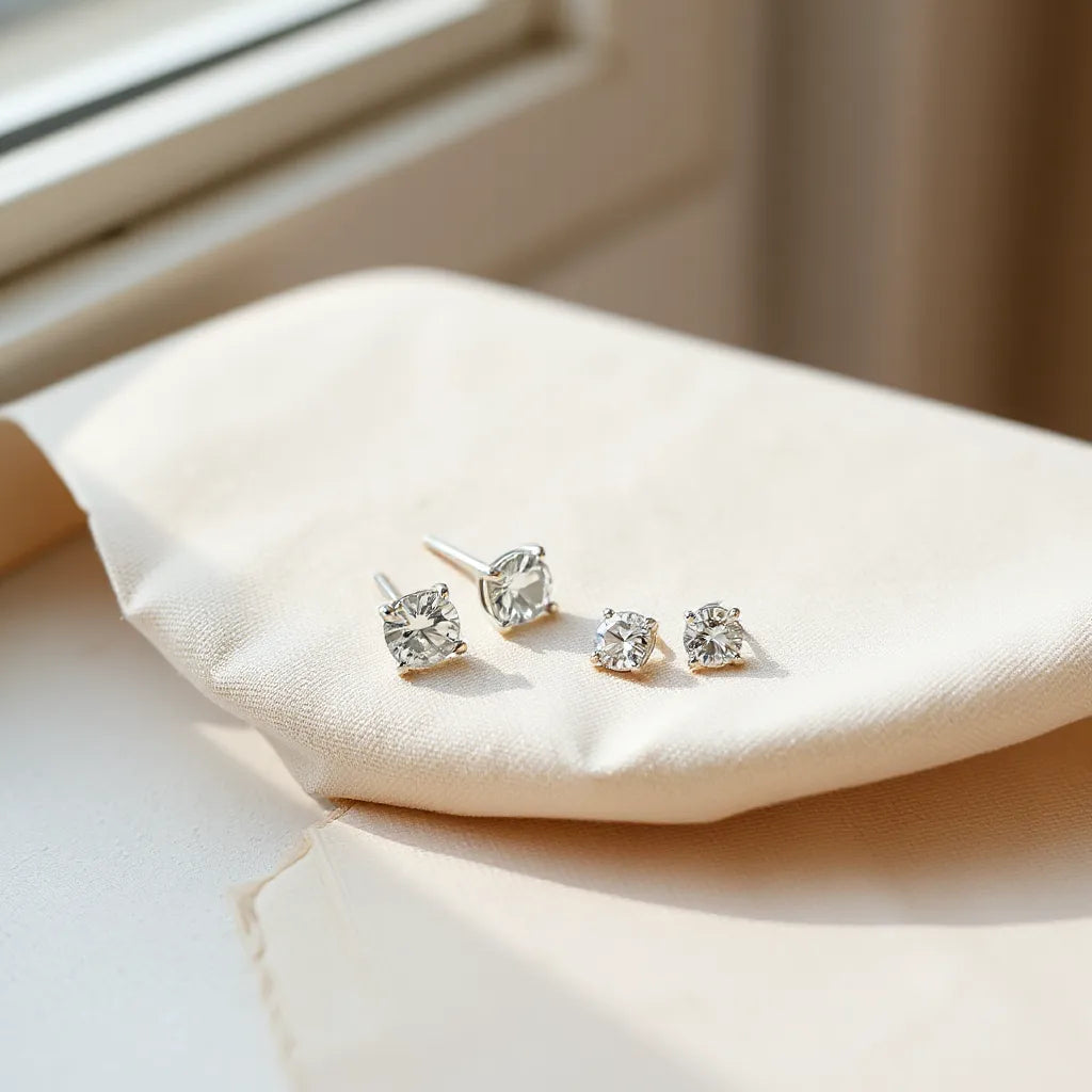 Pair of zirconia stud and drop earrings arranged on neutral fabric with soft natural light