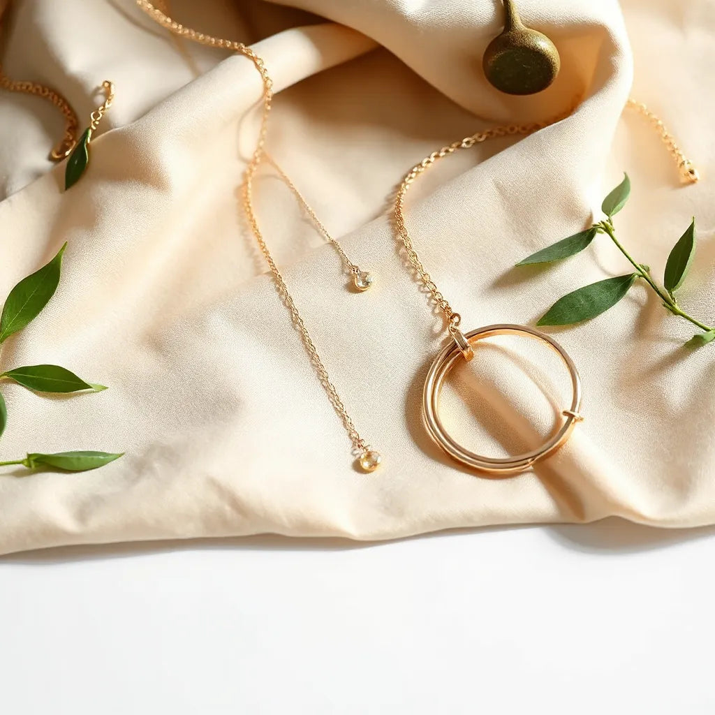 Delicate layered necklace, minimal earrings, and slim bracelet arranged on soft neutral fabric.