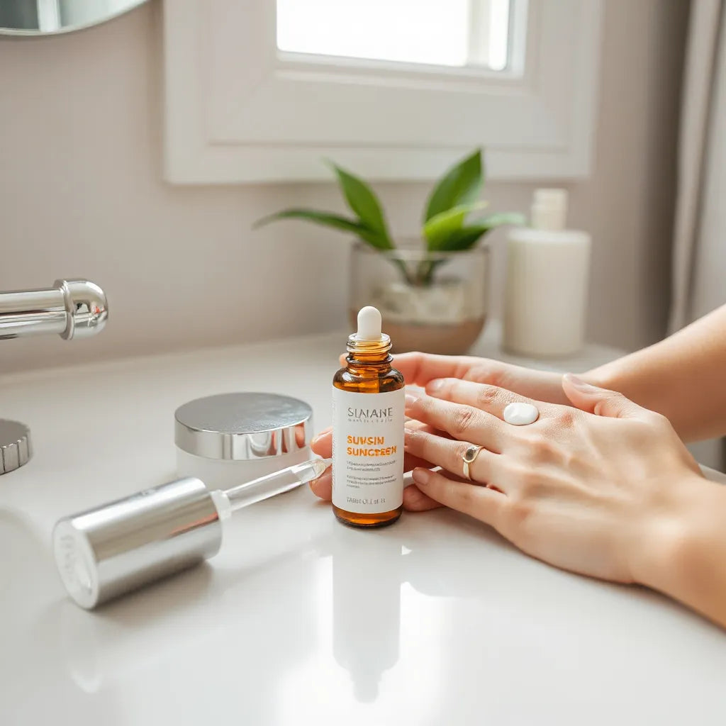 Lightweight sunscreen applied on hands beside serum and moisturizer in soft daylight