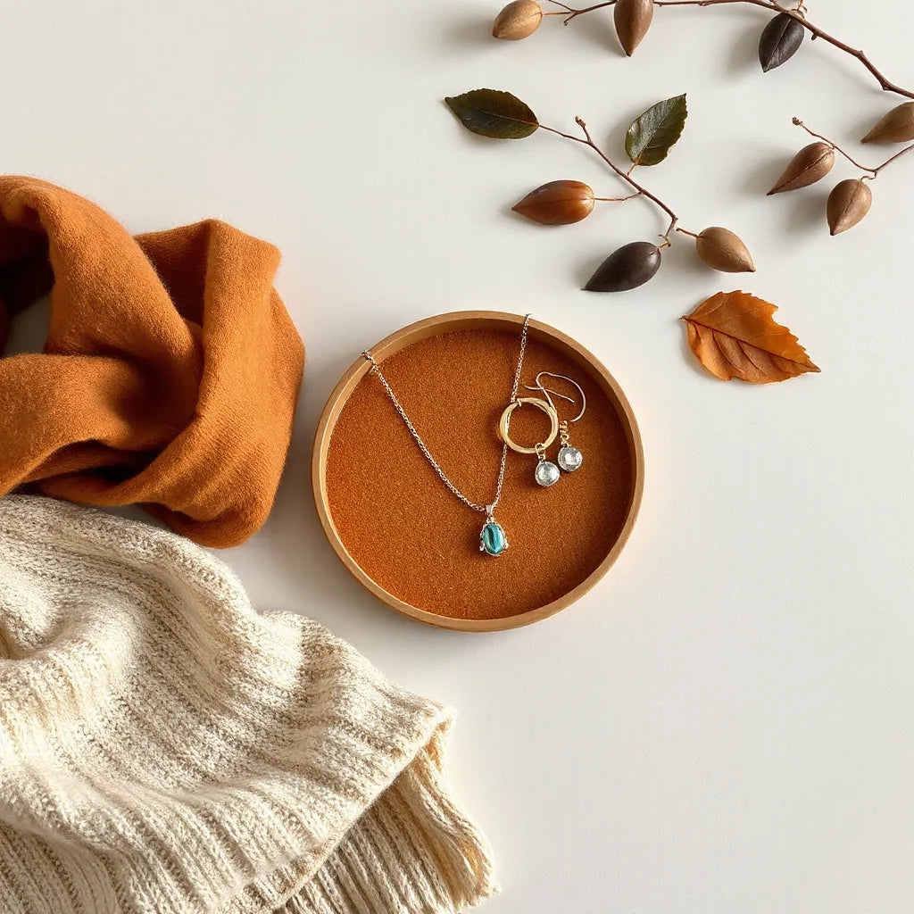 Layered necklaces, drop earrings, and a bracelet styled with a knit scarf on a neutral autumn surface