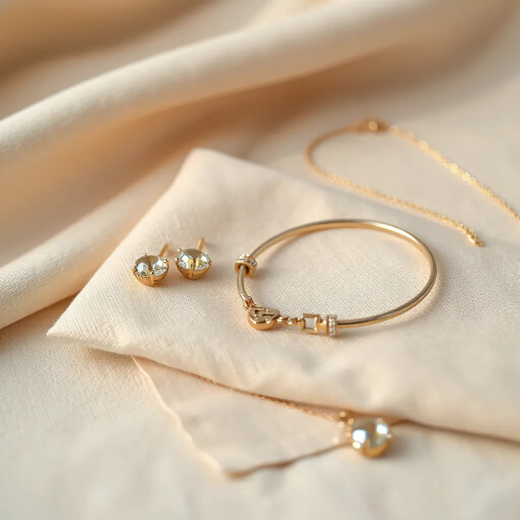 Delicate earrings, necklace, and bracelet arranged on neutral fabric with soft warm lighting