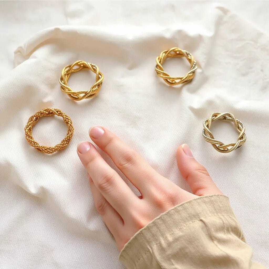 Woven chain rings with interlaced metal texture displayed on neutral fabric under soft studio light