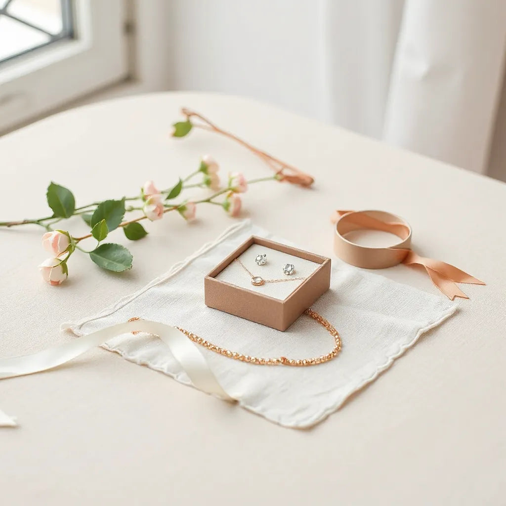 Delicate necklace, stud earrings, and bracelet arranged in a jewelry box with a ribbon on a neutral table