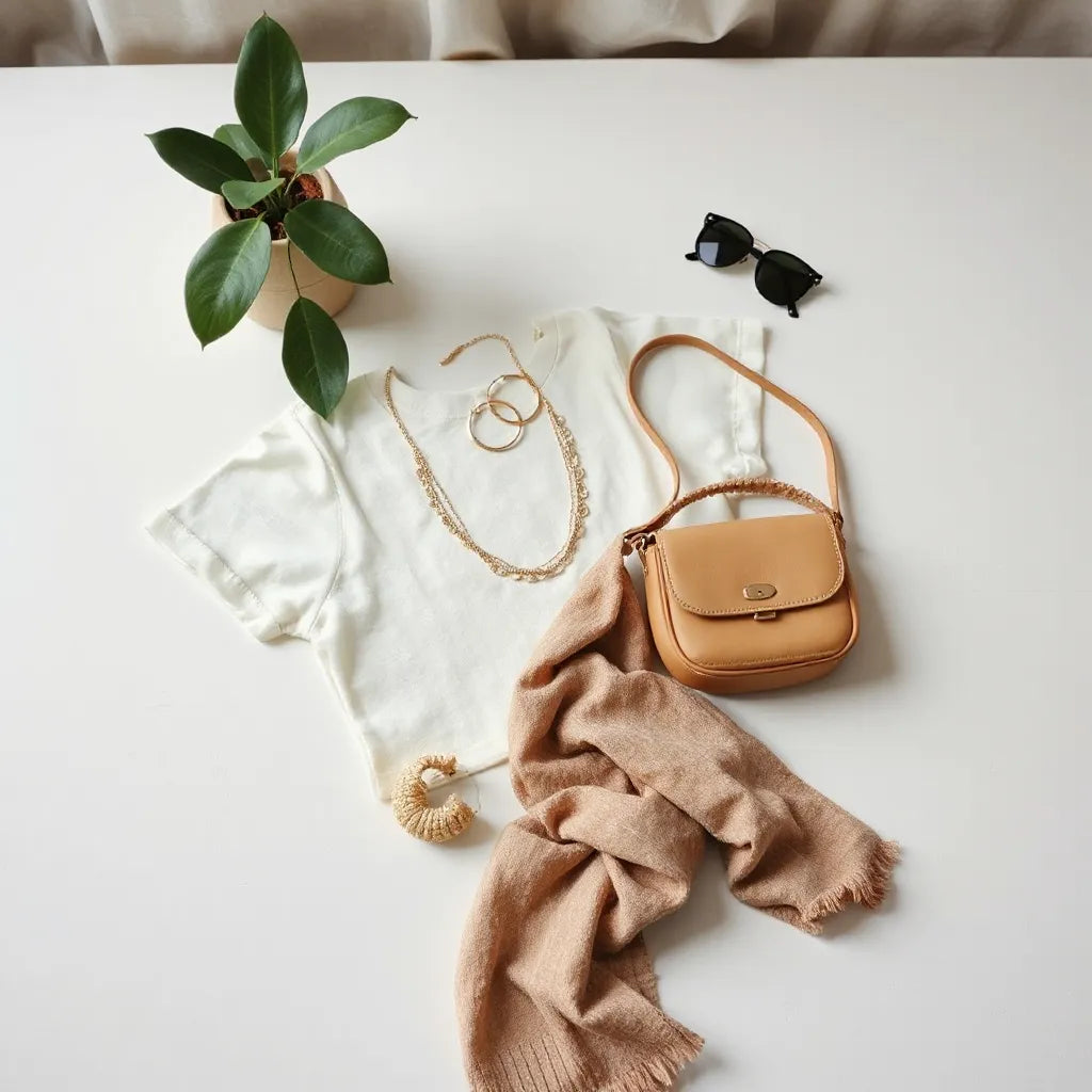 Layered necklaces, scarf, earrings, bracelet, and a crossbody bag styled on a neutral tabletop