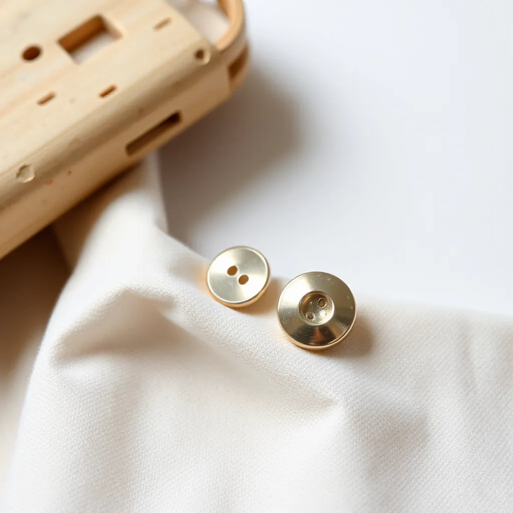 Small round button earrings on neutral fabric under soft natural light