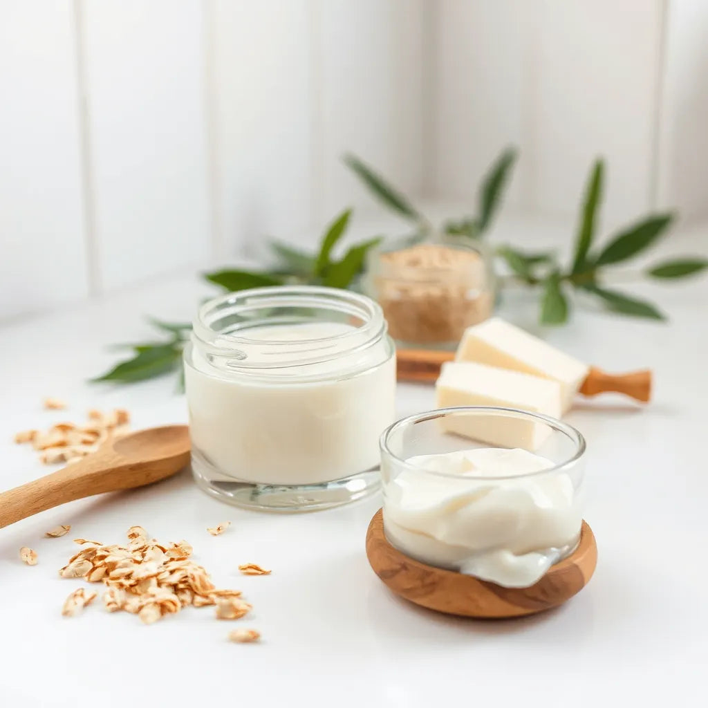 Rich moisturizer jar with a scoop of thick cream and soft natural ingredients on a clean vanity