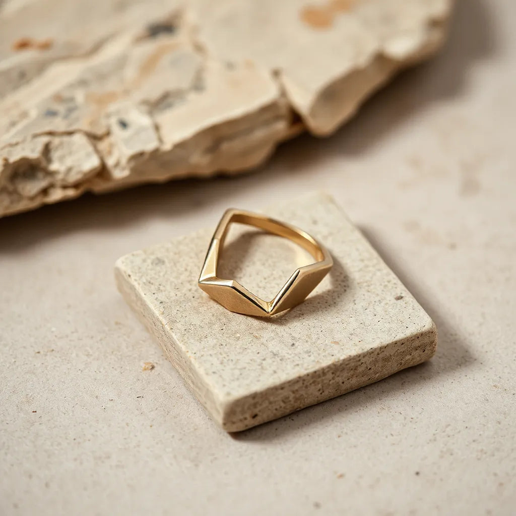 Asymmetrical geometric ring resting on a neutral stone surface under soft studio light