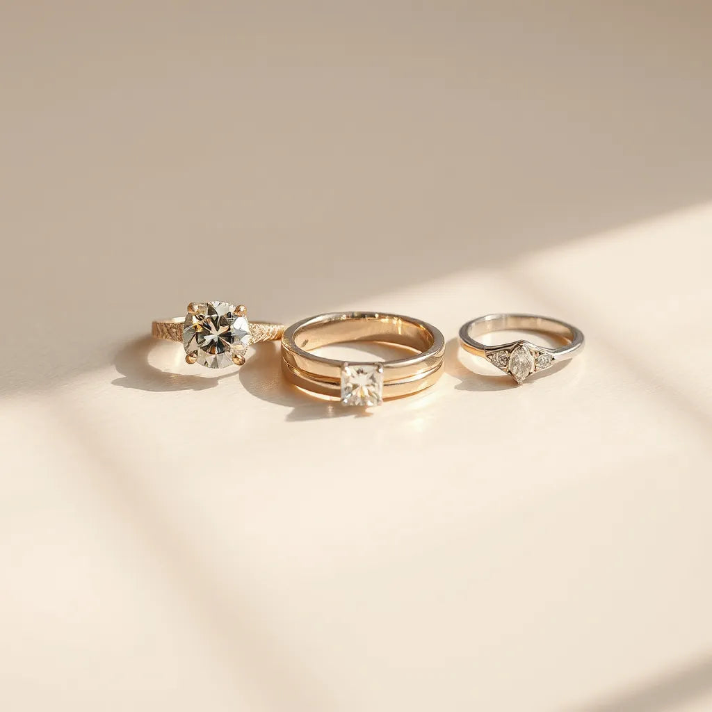 Assorted luxury-style rings on a neutral surface with soft natural light and subtle sparkle