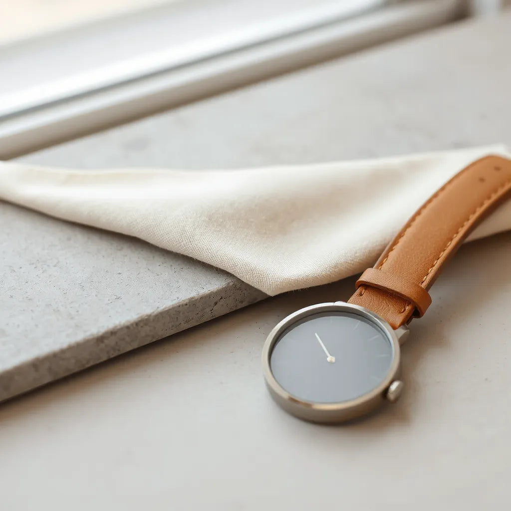 Minimalist fashion ring on a neutral stone with soft fabric and a leather accessory nearby