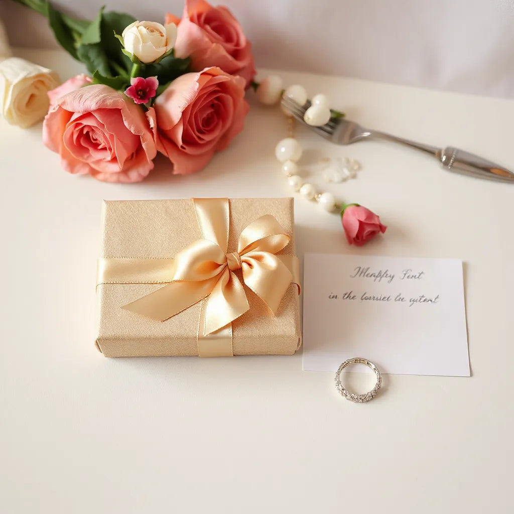 Wrapped gift box with satin ribbon and elegant jewelry on a neat tabletop with soft flowers
