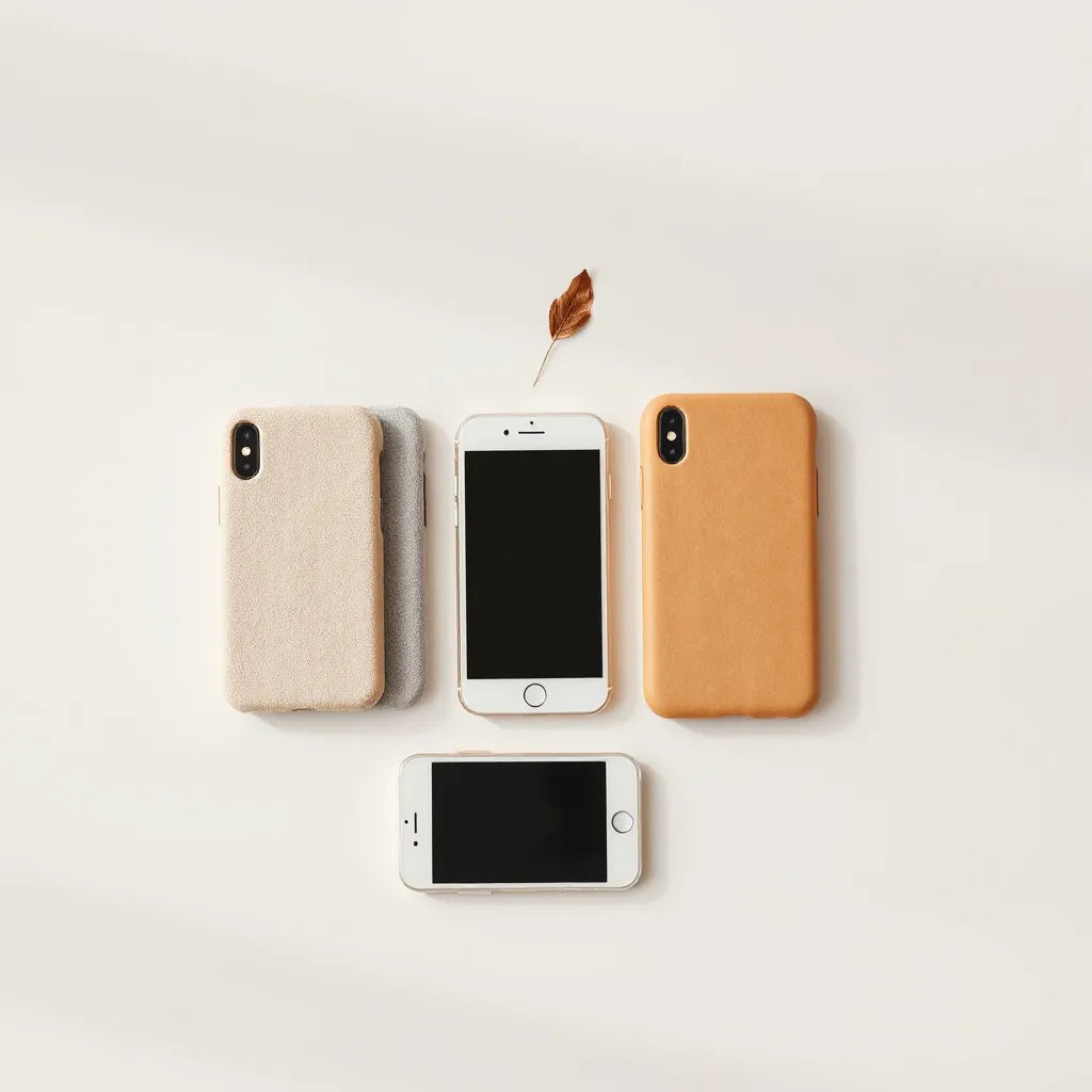 Biodegradable phone cases beside a smartphone with visible plant-based material texture