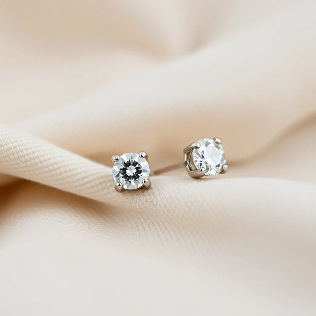 Pair of classic diamond stud earrings with visible settings and sparkle on a neutral fabric background.