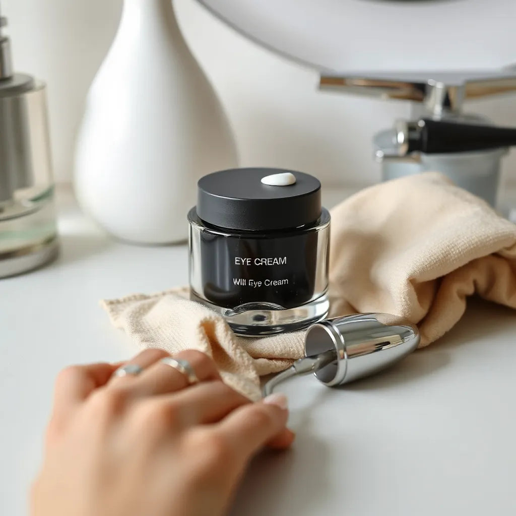 Jar of eye cream and roller applicator beside a soft cloth on a clean vanity