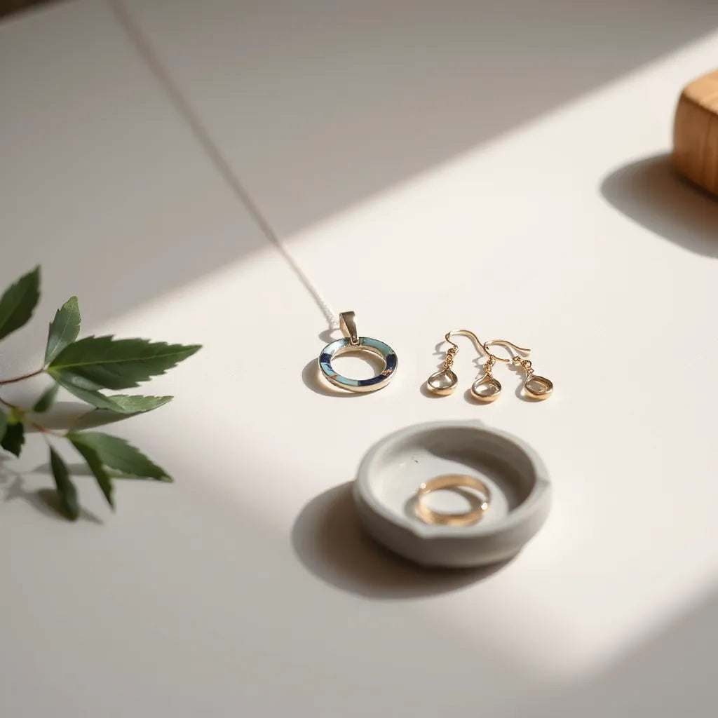 Minimal Japanese-inspired pendant, earrings, and ring laid on a neutral tray in soft natural light