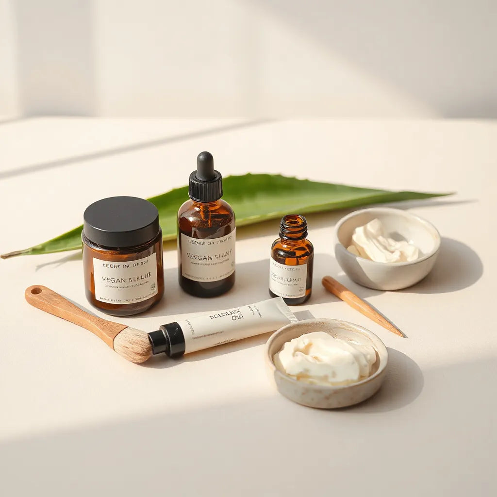 Vegan skincare items and natural ingredients arranged on a clean, light background