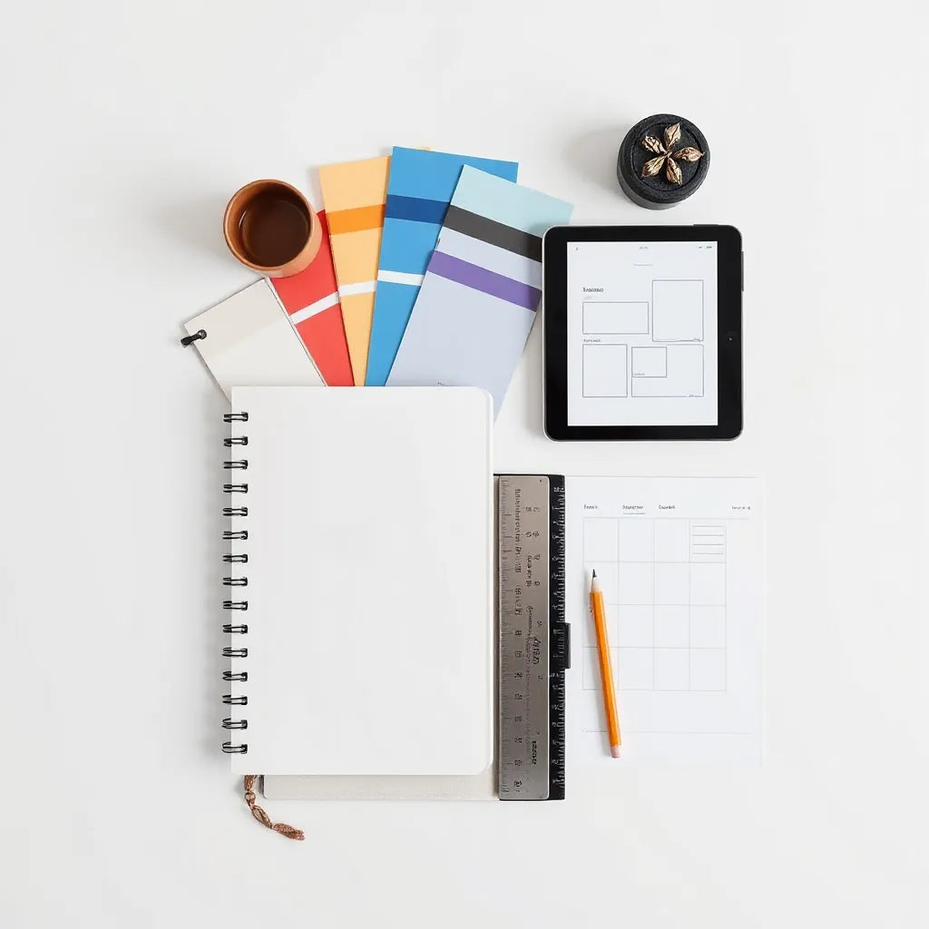 Minimal designer workspace with brand swatches and layout sketches on a tablet and notebook