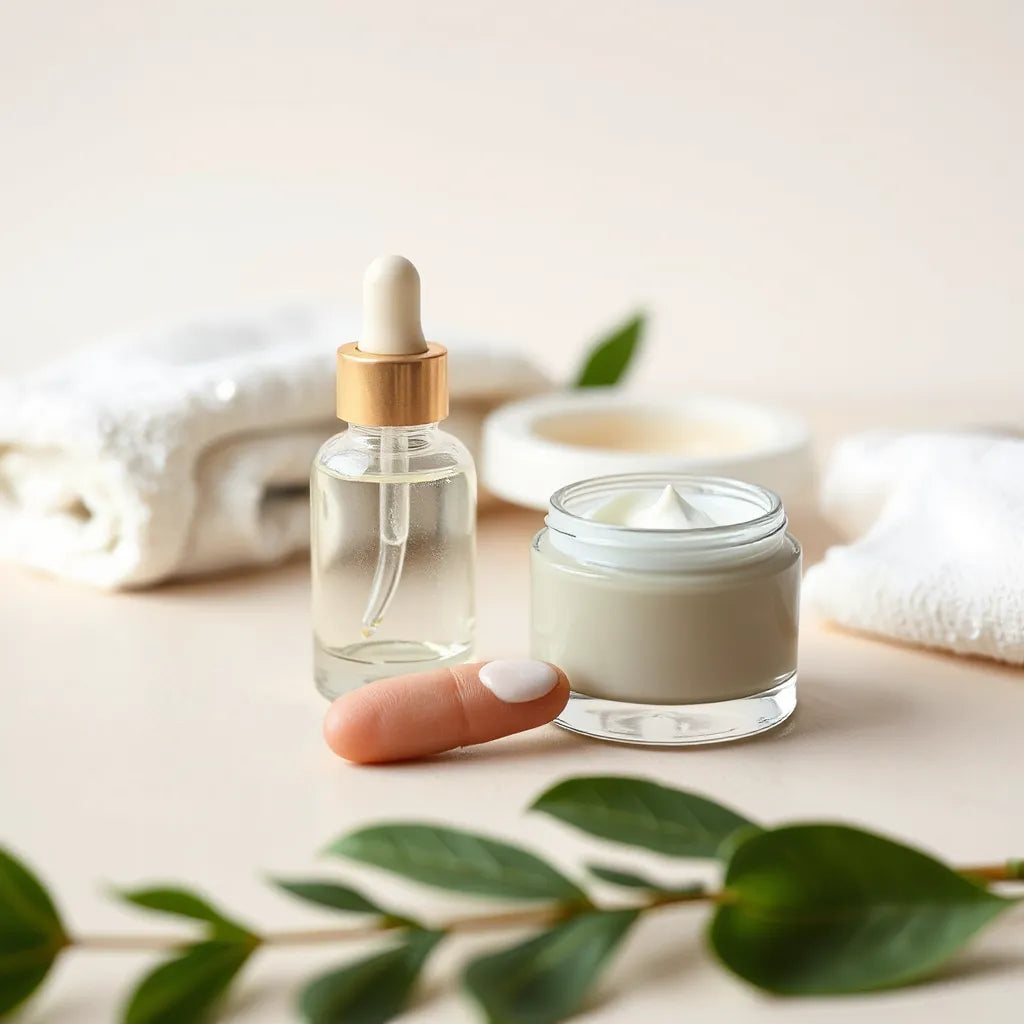 Radiance-boosting cream jar and moisturizer dropper with dewy skincare texture on a fingertip