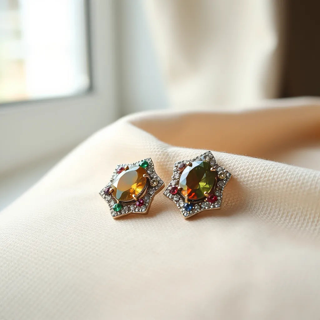 Colorful zircon inlaid earrings displayed on a neutral fabric background with soft natural light
