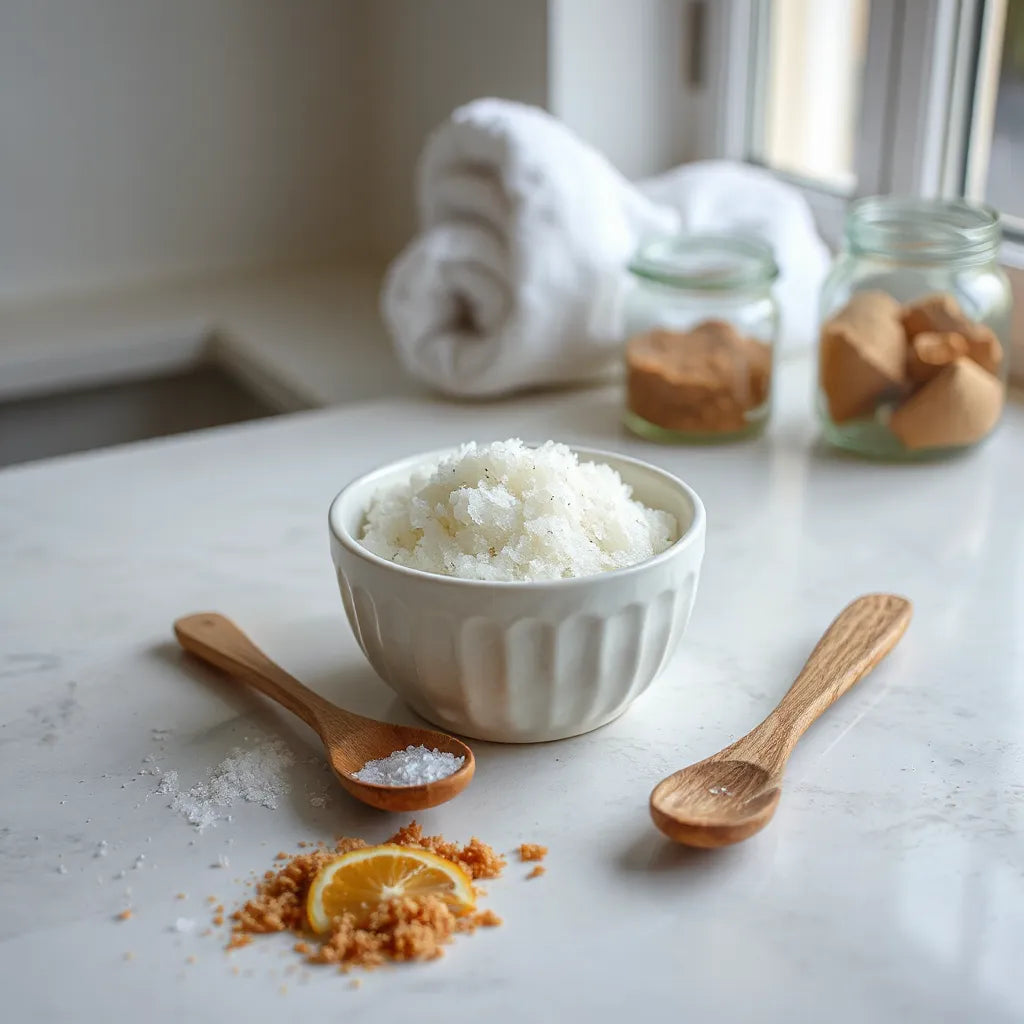 Natural exfoliating scrub in a ceramic bowl with visible granules, wooden spoon, and simple spa ingredients